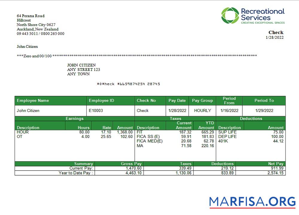 Blank USA Recreational Services entertainment company pay stub real example